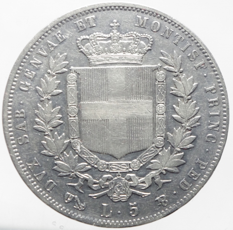 reverse: Casa Savoia.Regno di Sardegna. Vittorio Emanuele II (1849-1861). 5 lire 1850 Genova. Pag. 370. Mont. 41. AG. R. BB.
