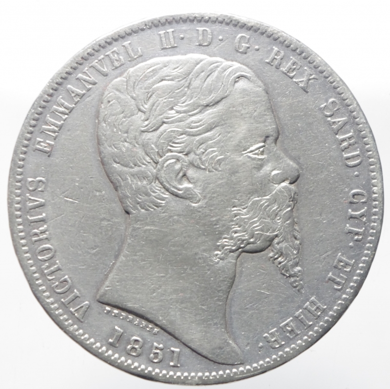 obverse: Casa Savoia. Vittorio Emanuele II. Lire 5 1851 Genova. Pagani 372. Peso 24,70 Gr. Diametro 37 mm. BB.