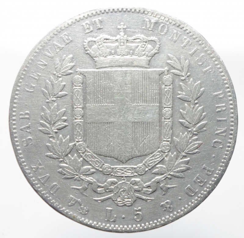 reverse: Casa Savoia. Vittorio Emanuele II. Lire 5 1851 Genova. Pagani 372. Peso 24,70 Gr. Diametro 37 mm. BB.