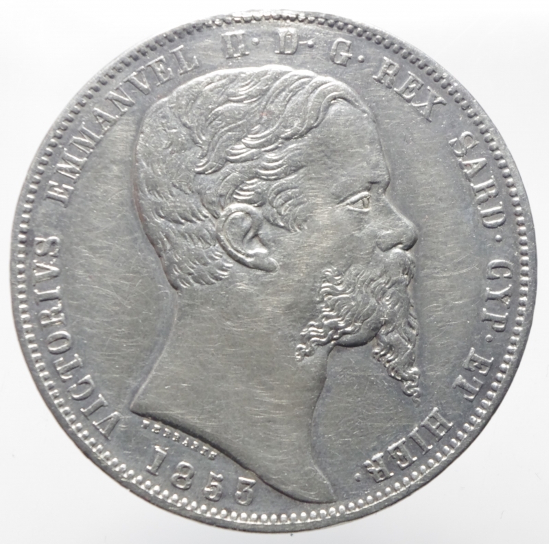 obverse: Casa Savoia. Vittorio Emanuele II. Lire 5 1853 Genova. Pagani 372. Peso 25,00 Gr. Diametro 37 mm.RR.BB+