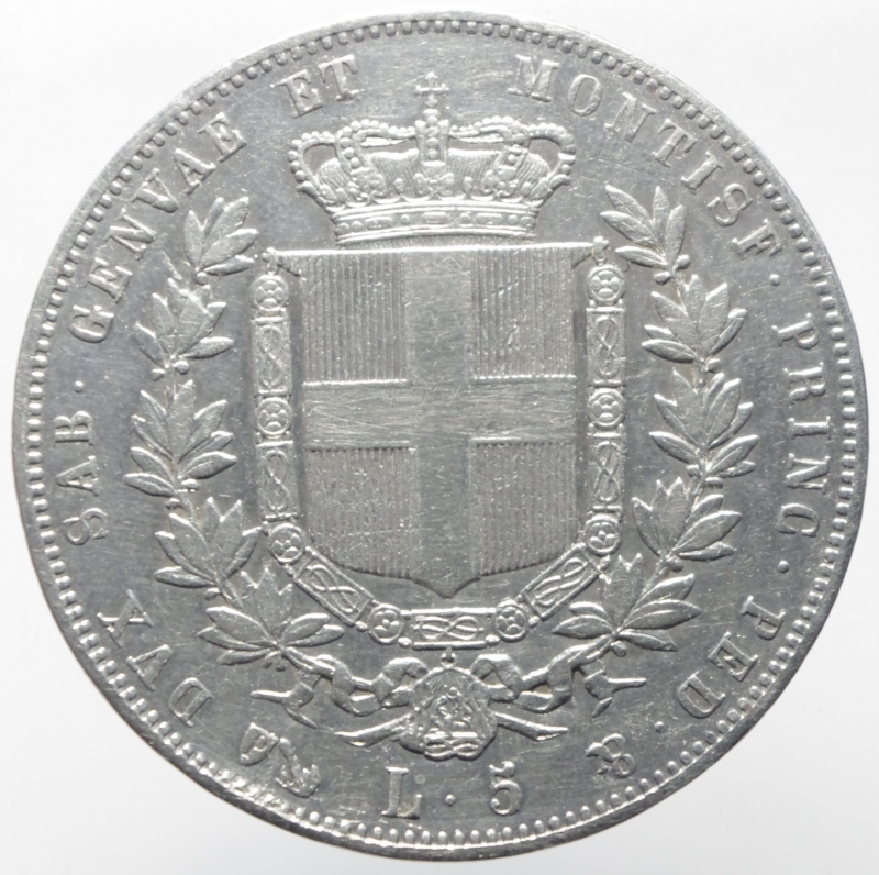 reverse: Casa Savoia. Vittorio Emanuele II. Lire 5 1853 Genova. Pagani 372. Peso 25,00 Gr. Diametro 37 mm.RR.BB+