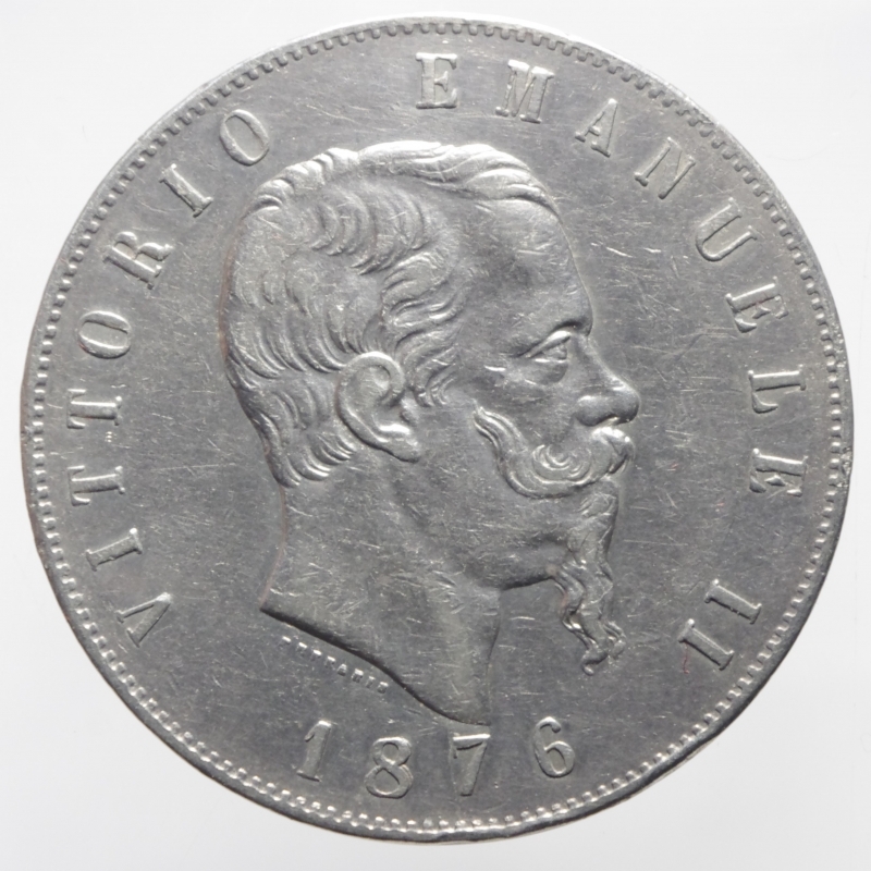 obverse: Casa Savoia. Vittorio Emanuele II. 5 Lire 1876. Peso 25,03 gr. Zecca di Roma. Pagani 501. BB+