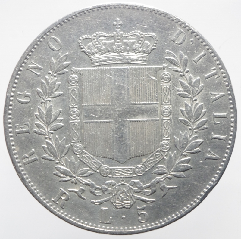 reverse: Casa Savoia. Vittorio Emanuele II. 5 Lire 1876. Peso 25,03 gr. Zecca di Roma. Pagani 501. BB+