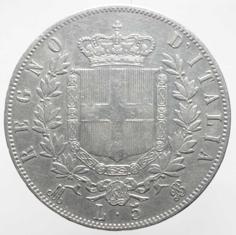 reverse: Casa Savoia. Vittorio Emanuele II. 5 Lire 1869. Milano. Pagani 489. Peso 25,00 gr. Diametro 37 mm. BB.