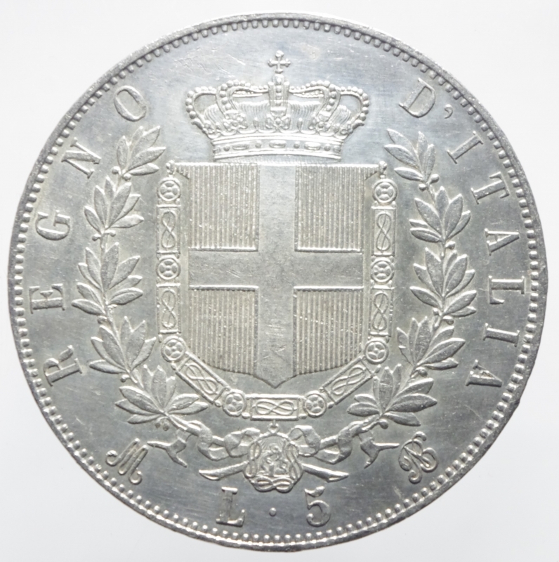 reverse: Casa Savoia. Vittorio Emanuele II. 1870 5 Lire. Milano. Ag. Peso 25,00 gr. Diametro 37 mm. BB+.