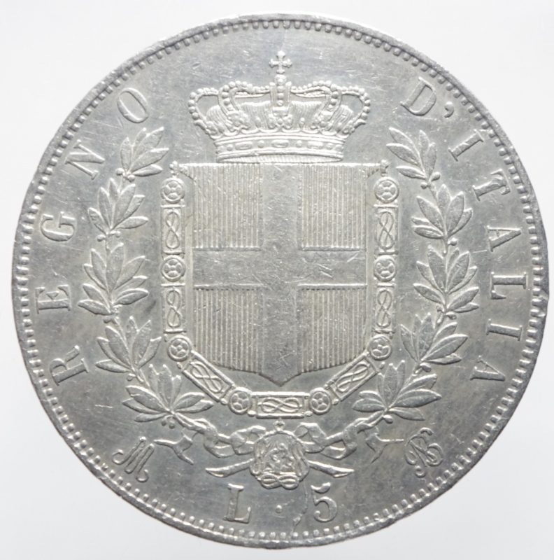 reverse: Casa Savoia. Vittorio Emanuele II. 5 Lire 1872 Milano. Pagani 494. Ag.BB+.