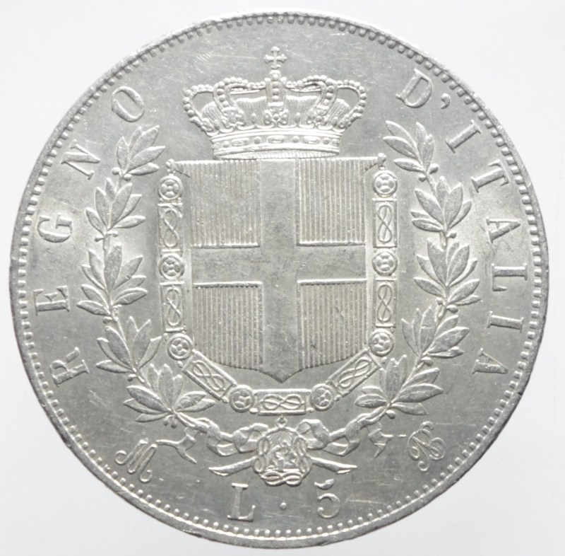 reverse: Casa Savoia. Vittorio Emanuele II. Milano. 1861-1878. 5 lire 1873 M. Gig 46. BB+\qSPL