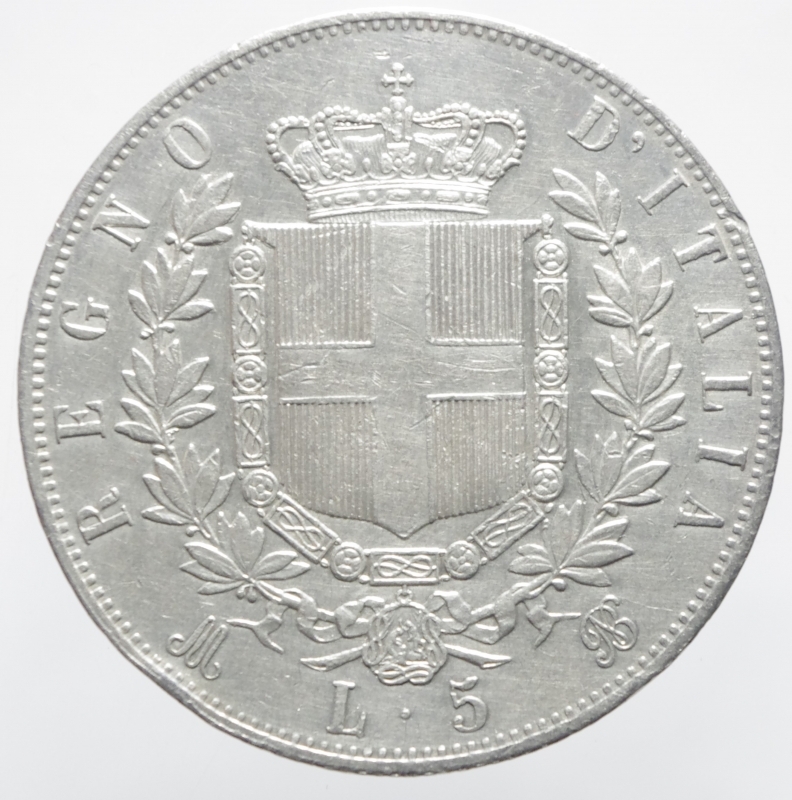 reverse: Casa Savoia. Vittorio Emanuele II. 5 Lire 1874. Milano. BB+.