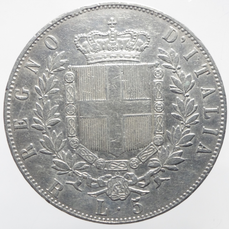 reverse: Casa Savoia. Vittorio Emanuele II. 5 lire 1875. Zecca di Roma. BB+. Patina