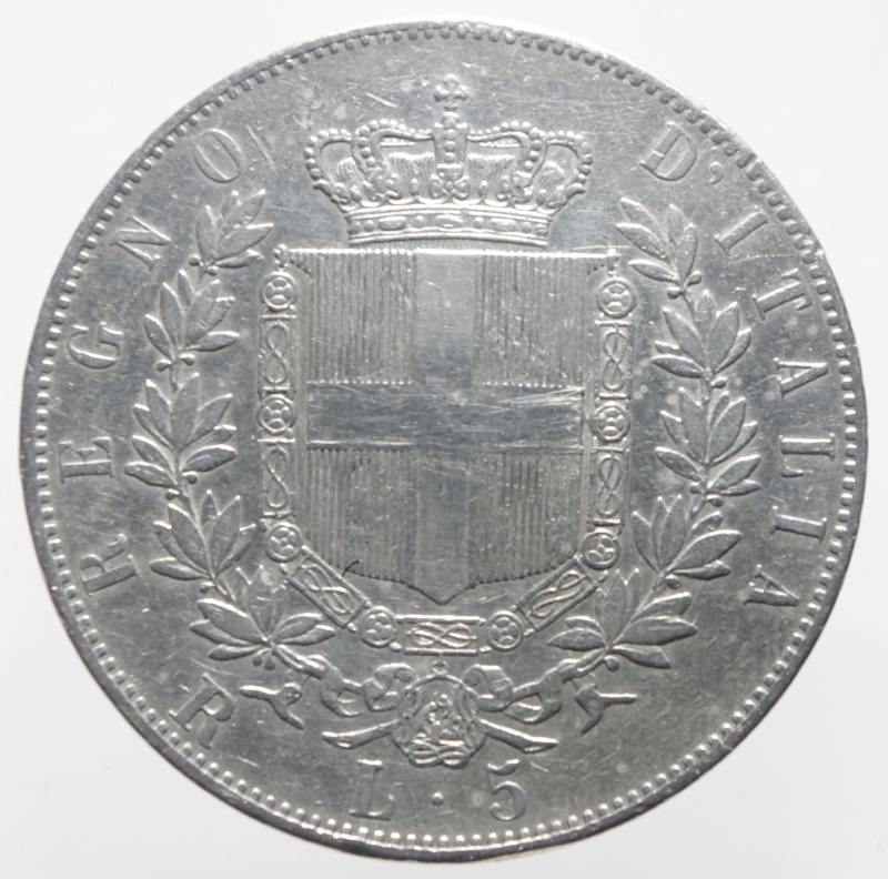 reverse: Casa Savoia. Vittorio Emanuele II. 1861-1878. 5 lire 1877 Roma. AG. Pag. 502. Mont. 189. BB+.