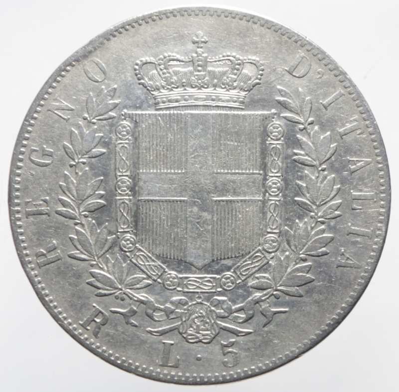 reverse: Casa Savoia. Vittorio Emanuele II. 5 Lire 1878 Roma. Ag. Pagani 503. BB+. R.