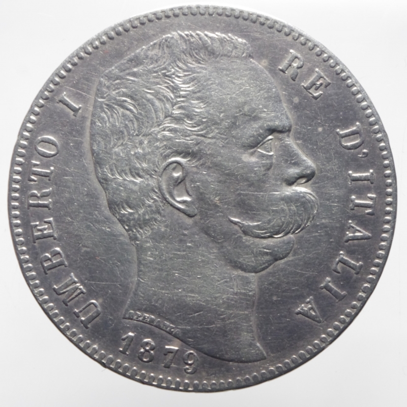 obverse: Casa Savoia. Umberto I. 5 Lire 1879. BB.