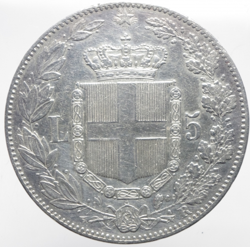 reverse: Casa Savoia. Umberto I. 5 Lire 1879. BB.