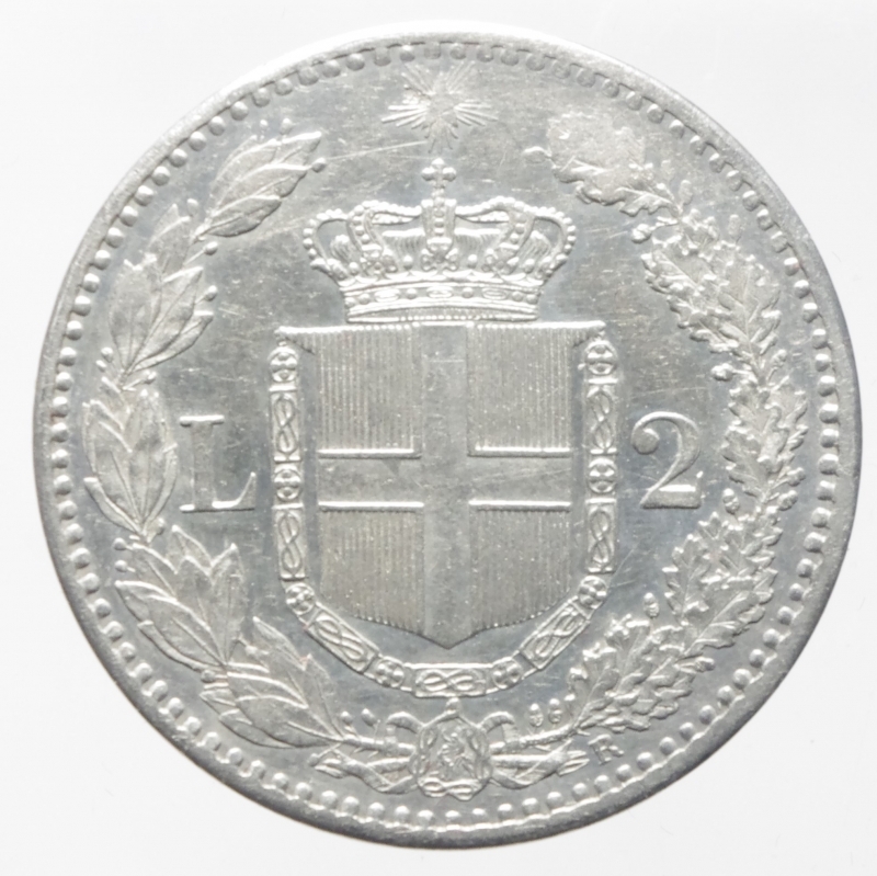 reverse: Casa Savoia. Umberto I. 2 Lire 1881. Roma. Ag. Peso 10,00 gr. Diametro 27,50 mm. SPL