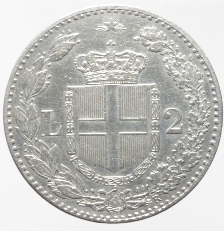 reverse: Casa Savoia. Umberto I. 2 Lire 1882. Roma. Ag. Peso 10,00 gr. Diametro 27,50 mm. BB+.