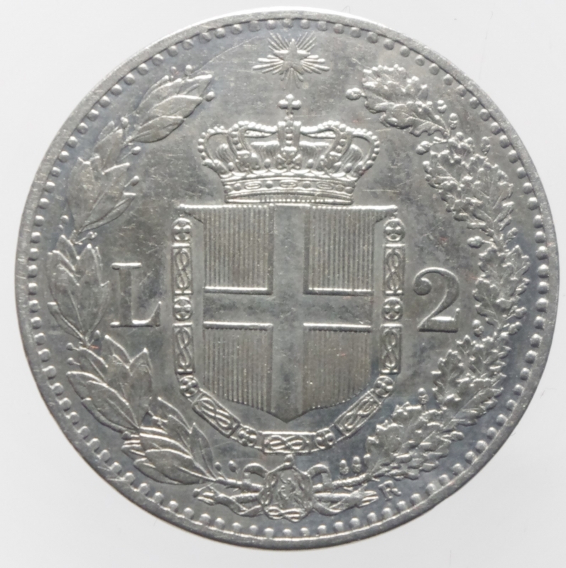 reverse: Casa Savoia. Umberto I. 2 Lire 1883. Roma. Ag. Peso 10,00 gr. Diametro 27,50 mm.SPL+.