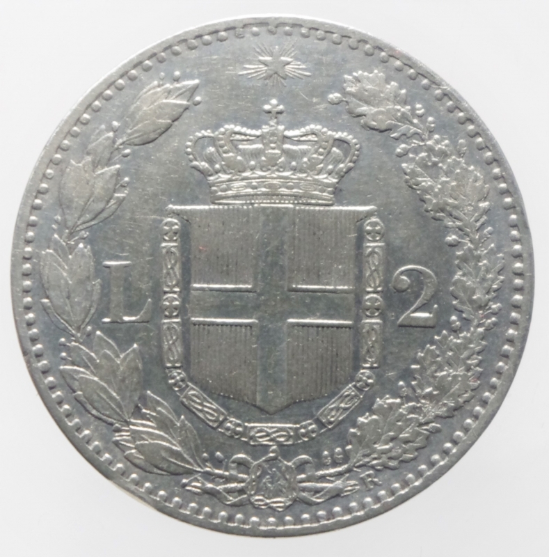 reverse: Casa Savoia. Umberto I. 2 Lire 1884. Roma. Ag. Peso 10,00 gr. Diametro 27,50 mm.qSPL.