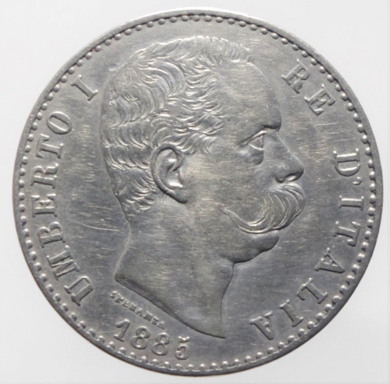 obverse: Casa Savoia. Umberto I. 2 lire 1885. Montenegro 40-C35-P595. Peso 10,00 gr. Diametro 27 mm.SPL. R.
