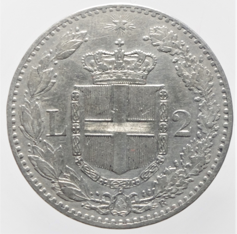 reverse: Casa Savoia. Umberto I. 2 Lire 1886. Roma. Ag. Gig.30. Peso 10,00 gr. Diametro 27,50 mm.SPL