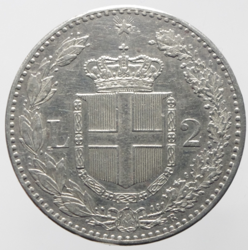 reverse: Casa Savoia. Umberto I. 2 lire 1887. Ag. SPL