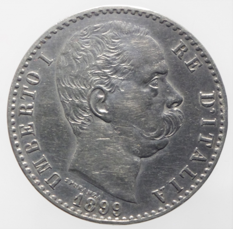 obverse: Casa Savoia. Umberto I. 1878-1900. 2 lire 1899. Pag. 600. Peso 10,04 gr. Diametro 27 mm.SPL+. Patina.