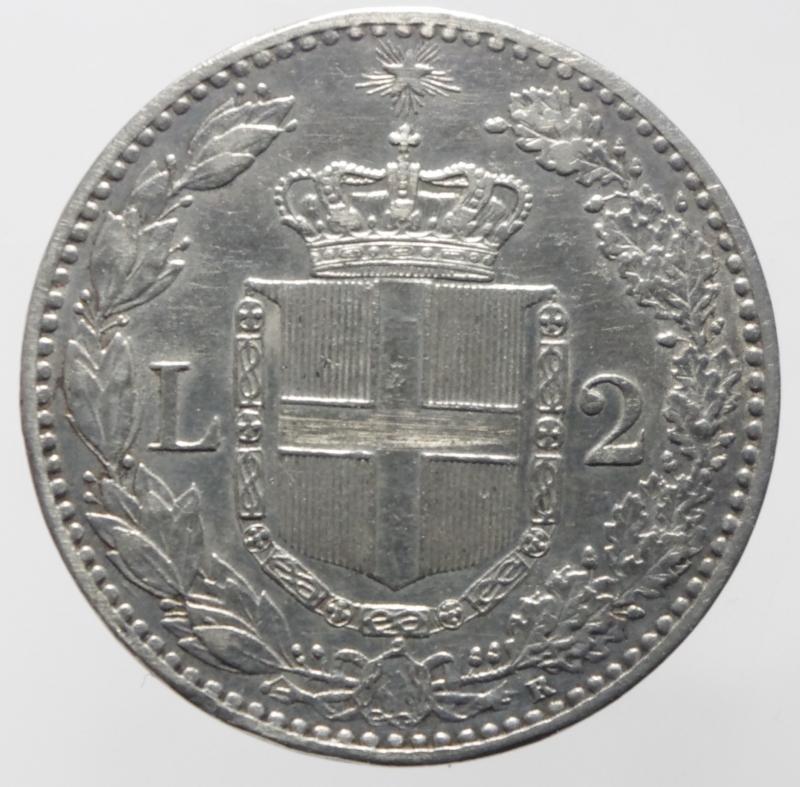 reverse: Casa Savoia. Umberto I. 1878-1900. 2 lire 1899. Pag. 600. Peso 10,04 gr. Diametro 27 mm.SPL+. Patina.