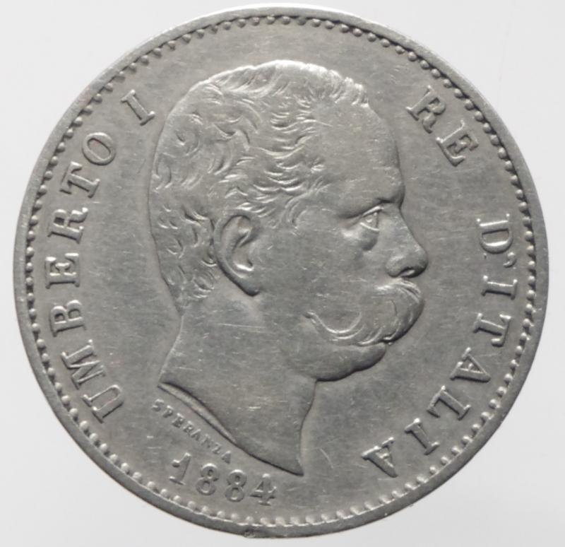 obverse: Casa Savoia. Umberto I. 1 lira 1884. Ag. Gig 36. qBB\BB. NC