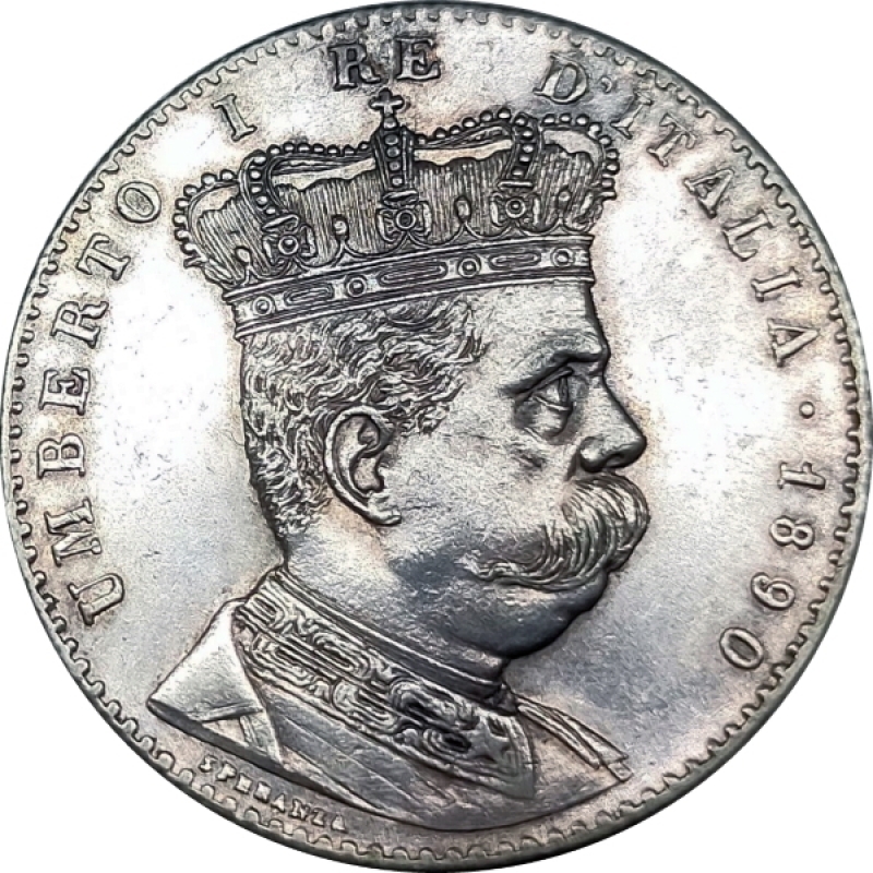 obverse: Casa Savoia - Umberto I. Colonia Eritrea. 2 lire 1890. Ag. R. qFDC. Intonso con fondi lucidi quasi speculari e velatura di patina. Rf10