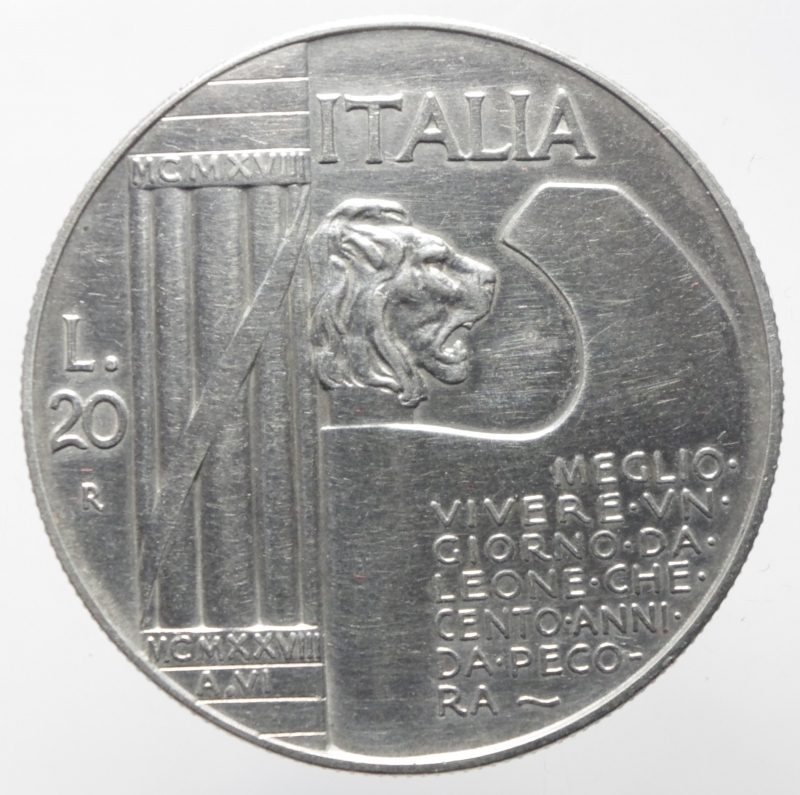 reverse: Casa Savoia, Vittorio Emanuele III (1900-1943) 20 Lire, Roma, 1928; AR (g 20, mm 35, h 6); Pagani 680; MIR 1129 a. Non comune.qSPL.