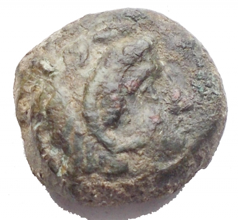 obverse: Mondo Greco -Sicilia.Solus.AE 12,14 mm. ca. 400 a.C.D/ Testa di giovane Eracle a destra.R/ Ippocampo a sinistra.Calciati 3.g 3,36.BB+.RR.Modulo piccolo e di alto spessere ( mm 4,84) Patina verde.