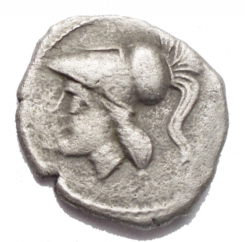 obverse: Mondo Greco - Apulia. Arpi. 215-212 a.C.Diobolo. AG. D/ Testa di Athena a sinistra. R/ Due spighe di grano. HN(Italy) 647. Peso g 1.31. BB/qBB.R.