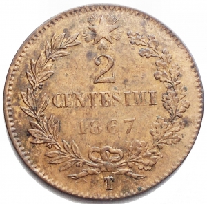 obverse: Savoia - Vittorio Emanuele II. 1861-1878. 2 Centesimi 1867 T. SPL. R.