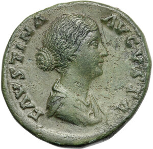 obverse: Faustina II, wife of Marcus Aurelius (died 176 AD). AE Sestertius. Struck under Antoninus Pius,  161 AD