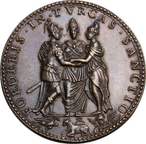 reverse: Pio V (1566-1572), Antonio Michele Ghislieri. Medaglia AN. V. La costituzione della Lega Santa contro i Turchi