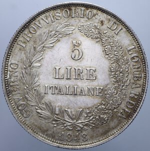 reverse: GOVERNO PROVVISORIO DI LOMBARDIA 5 LIRE 1848 AG. 25,02 GR. SPL/SPL+