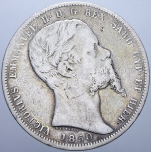 obverse: VITTORIO EMANUELE II (1849-1861) 5 LIRE 1850 GENOVA R AG. 24,54 GR. MB+/qBB