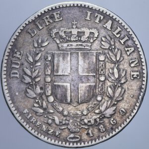 reverse: VITTORIO EMANUELE II (1859-1861) 2 LIRE 1860 FIRENZE R AG. 9,66 GR. MB/qBB