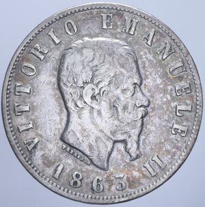 obverse: VITTORIO EMANUELE II (1861-1878) 2 LIRE 1863 NAPOLI VALORE NC AG. 9,72 GR. MB-BB/qBB