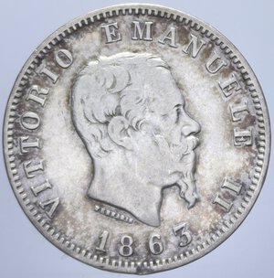 obverse: VITTORIO EMANUELE II (1861-1878) 1 LIRA 1863 MILANO VALORE NC AG. 4,98 GR. MB-BB/BB