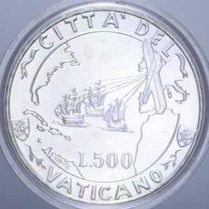 reverse: GIOVANNI PAOLO II 500 LIRE 1992 SCOPERTA DELL AMERICA AG. IN COFANETTO FDC