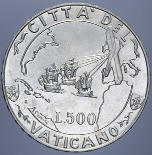 reverse: GIOVANNI PAOLO II 500 LIRE 1992 XIV EVANGELIZZAZIONE DELL AMERICA AG. 11 GR .FDC