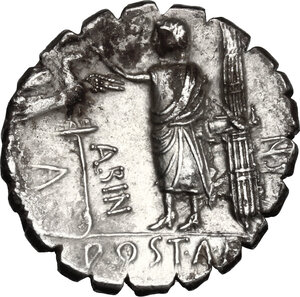 reverse: A. Postumius A.f. Sp. n. Albinus.. AR Denarius serratus, 81 BC