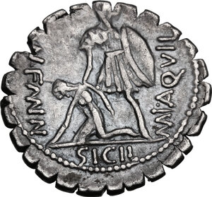 reverse: Mn. Aquillius Mn. f. Mn. n.. AR Denarius serratus, 71 BC