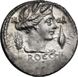 obverse: L. Furius Cn. f. Brocchus.. AR Denarius, 63 BC