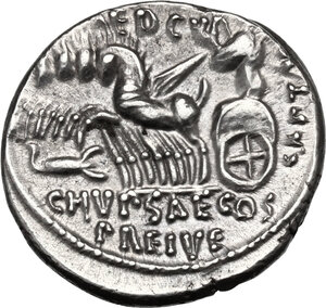 reverse: M. Aemilius Scaurus and Pub. Plautius Hypsaeus. . AR Denarius, 58 BC