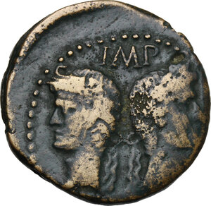 obverse: Augustus (27 BC - 14 AD) with Agrippa (died 12 BC).. AE As, Nemausus mint, Gaul