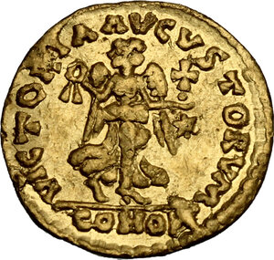 reverse: Ostrogothic Italy. Theoderic. As king of the Goths, 474/5-493, or ruler of Italy, 493-526. . AV Tremissis in the name of Anastasius I. Rome mint. Struck 491-518