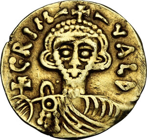 obverse: The Lombards at Beneventum. Grimoald III as Dux with Charlesmagne (788-92).. AV Tremissis