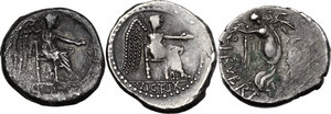 reverse: Multiple lot of three (3) AR coins: L. Rubrius Dossenus AR Denarius (Cr. 348/4), M. Cato 2 AR Quinarii (Cr. 343/2b, different control-marks)
