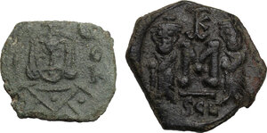 reverse: Byzantine Empire. Multiple lot of two (2) unclassified AE Folles of Constans II and Leo V, Syracuse mint